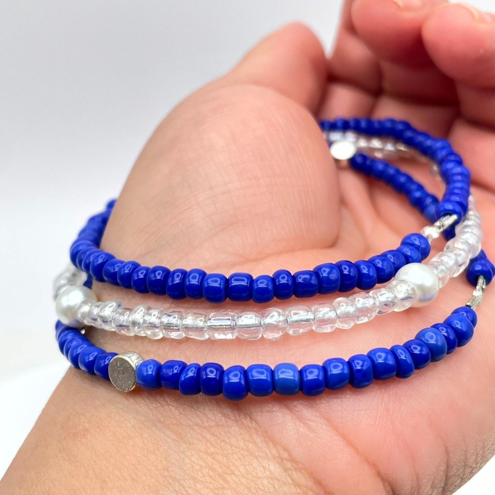 Afro-Caribbean Blue White Seed Beads Mother Of Pearls Triple-Stranded Bracelet